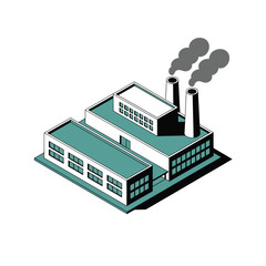 Naklejka premium An industrial factory building with smokestacks emitting smoke against a white background.