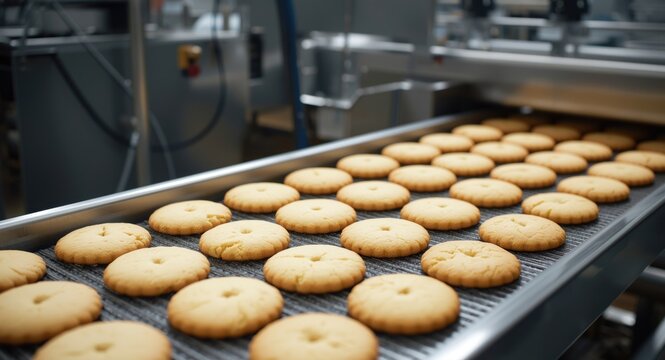 Bakery food processing plant featuring biscuits on a conveyor belt production line