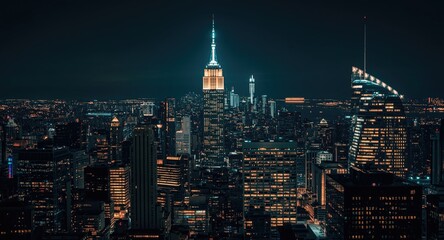 Fototapeta premium glimmering urban skyline filled with illuminated skyscrapers after dark