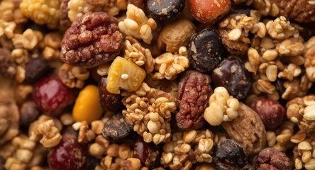 Obraz premium Hiking gorp snack combining dried fruit nuts granola and candy