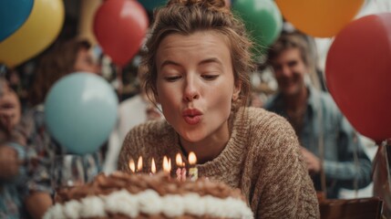 Birthday celebration theme for party event. A woman blowing out candles on a birthday cake surrounded by a group of people. The cake is adorned with lit candles.