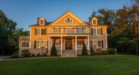 Fototapeta premium Luxurious house exterior glowing in warm sunlight on a pleasant day