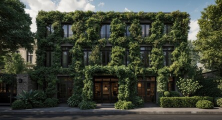 Obraz premium Artificial intelligence generated image of a hotel with lush plant covered natural facade
