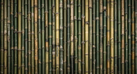 Fototapeta premium Patterned bamboo stalks aligned vertically producing a natural textured background with mixed green and brown colors