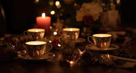 Fototapeta premium Intimate festive tea occasion featuring illuminated cups and holiday embellishments