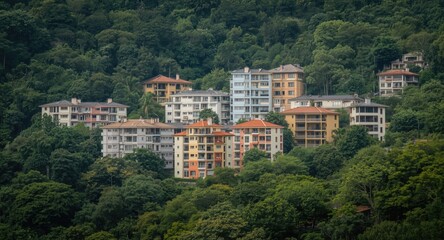 Obraz premium Collection of colorful flat buildings nestled in dense greenery