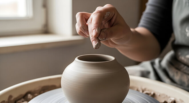 Potter's Hands Shaping Clay Vase on Spinning Pottery Wheel