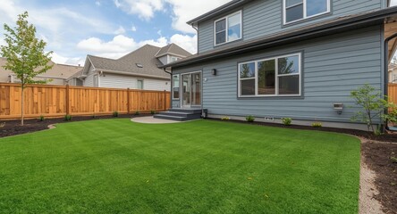 Obraz premium Contemporary residential yard with synthetic lawn and wooden trim
