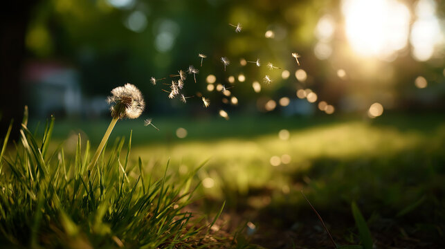 Close-up of grass seed dispersing pollen in sunny field, seasonal pollen allergy concept, defocused background, with copy space