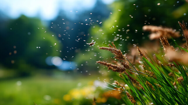 Close-up of grass seed dispersing pollen in sunny field, seasonal pollen allergy concept, defocused background, with copy space