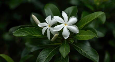 Fototapeta premium Jasmine flower plant with crisp white petals and fresh green leaves exuding natural elegance