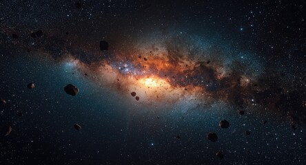 Fototapeta premium Glowing Milky Way core surrounded by drifting asteroid chunks