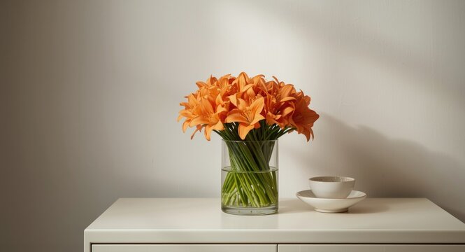 Fresh orange clivia flowers in glass container on cabinet with white dish and subtle neutral backdrop