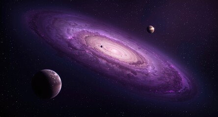 Fototapeta premium Purple galaxy disk with three planets floating in space