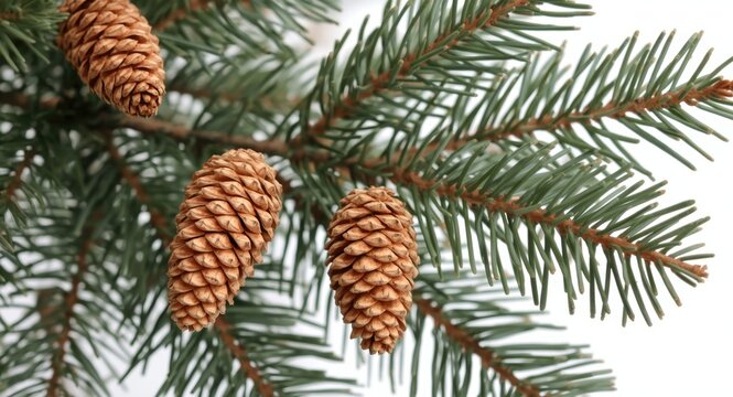 Close detailed images of European larch cones and needles on branches isolated on white in winter