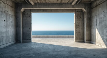 Obraz premium Industrial concrete room backdrop showing rough flooring and open rear wall with ocean