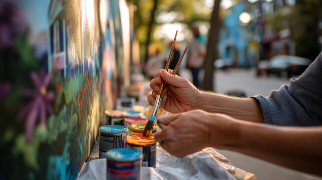 Close up of hands holding paint brushes loaded with bright colors painting a section of a community mural on an outdoor wall the partially completed mural showing a neighborhood