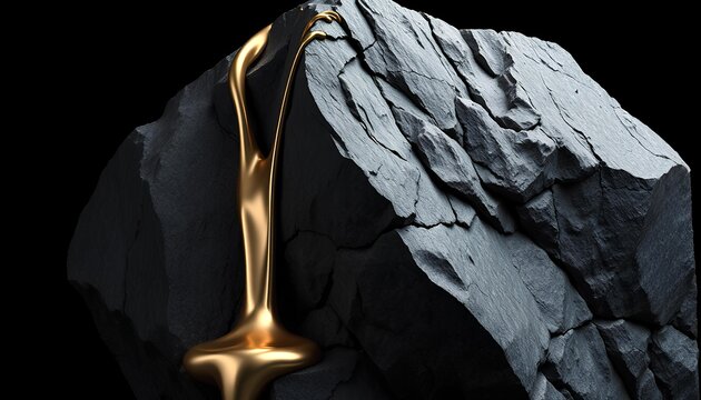 Abstract 3D render of viscous liquid gold flowing over a rough dark charcoal basalt monolith with brutalist geometric edges