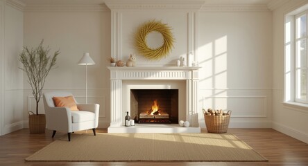 Naklejka premium Living room interior illuminated by daylight with a traditional fireplace and Easter egg decorations