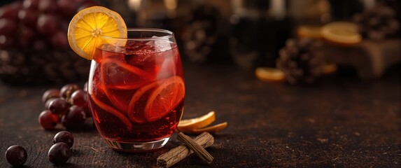 Fototapeta premium Red sangria with grapes and orange slices crafted for warming holiday celebrations