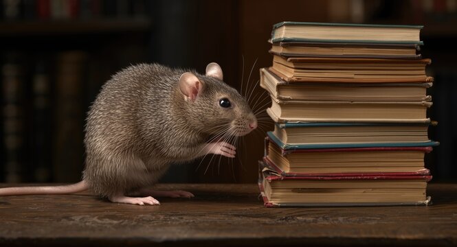 Lively pet rat investigating a high book stack