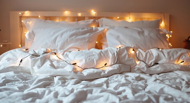 homey bed composition with white comforter paired with twinkling string lights
