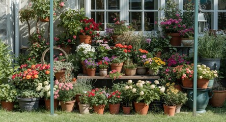 Fototapeta premium Bright home garden display of flowering pots and basket hortensia
