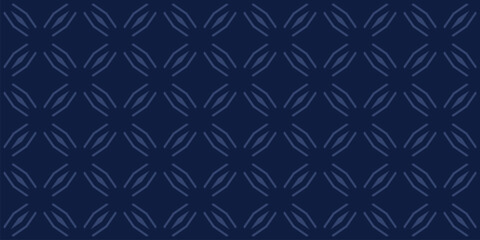 Obraz premium Abstract vector geometric seamless pattern. Subtle dark blue background. Simple minimal oriental ornament. Elegant texture with diamond grid, stars, rhombuses, floral shapes. Delicate repeated design