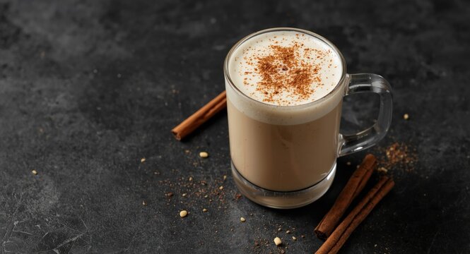 Homemade Horchata Latte featuring cinnamon and vanilla almond rice blend on a black stone tabletop