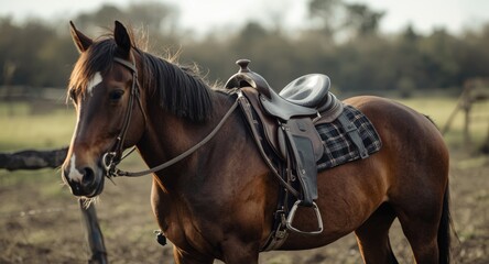 Obraz premium Close capture of mounted saddle on a chocolate brown horse in rural farm area