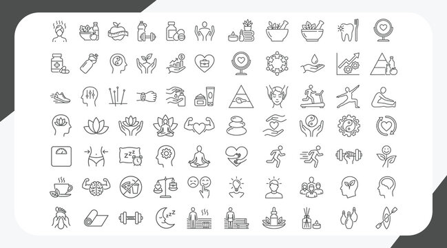 Set of line icons related to wellness, wellbeing, mental health, healthcare, cosmetics, spa, medical. Outline icon collection. Editable stroke. Vector illustration