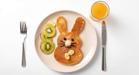 Fototapeta premium Kids Easter breakfast of joyful bunny pancakes paired with kiwi banana apple and refreshing juice viewed from top on white background