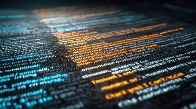 Abstract programming code background with glowing lines, software development concept, data technology, cyber security, digital code screen, futuristic interface, blue and orange light