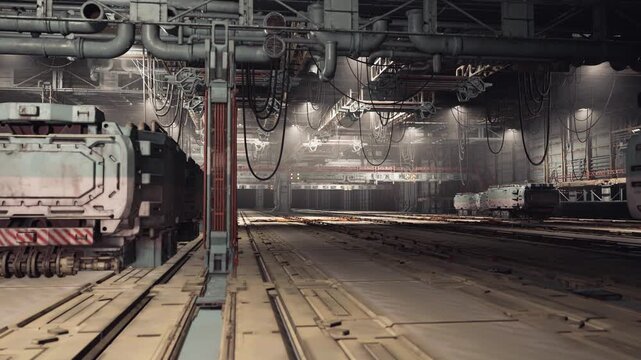 Dim train maintenance depot with parallel tracks and service pits, overhead rigs, spare carriages and industrial cables, quiet atmosphere of nightshift