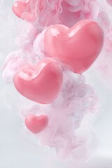 Fototapeta premium Romantic love theme for Valentines Day. A vibrant and abstract digital artwork of pink heartshaped balloons floating in a cloud of pink smoke against a white background.