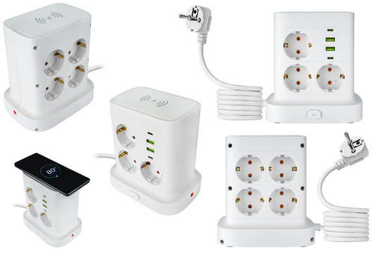 Universal 2m white extension lead with USB and Type-C ports, wireless charging