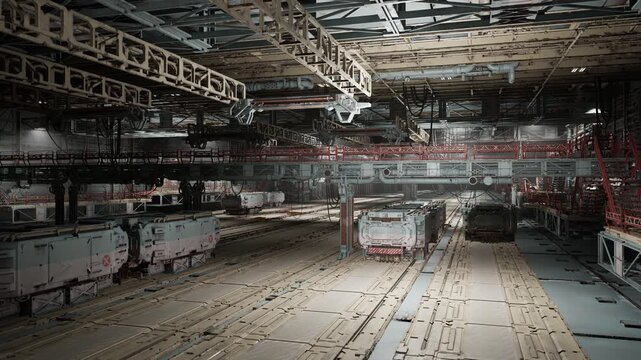 Empty bus depot inside expansive hangar at dusk, rows of parked buses, service pits, overhead cranes, fluorescent lighting, concrete flooring, maintenance