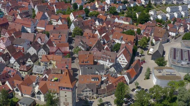 Aerial view of the old town above the city of Waiblingen in south Germany, on a sunny spring day.