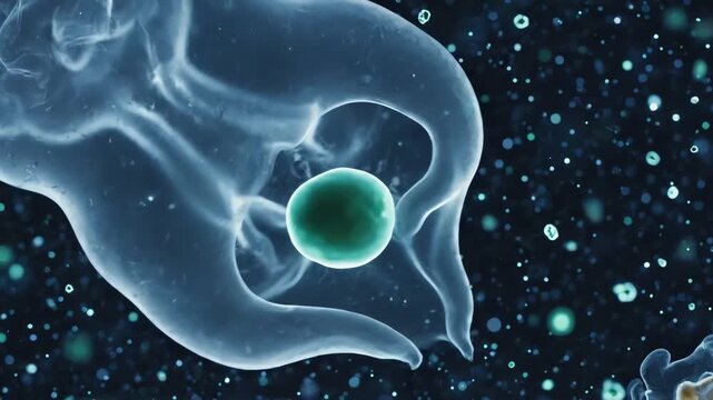 A translucent ameba with a green center floats through a dark blue space filled with small bubbles and particles. Perfect for biology, education, and scientific presentations.