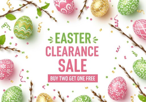 Easter-themed clearance sale promotion featuring buy two get one free offer