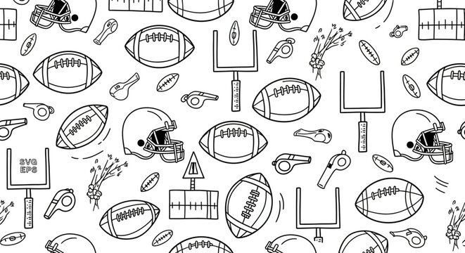 Seamless outline pattern of American football equipment. Hand-drawn doodle background featuring helmets, footballs, goalposts, and whistles for sports design.