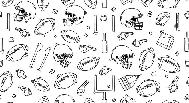 Seamless pattern of American football elements including helmets, balls, goal posts, and whistles in a black and white outline style, perfect for sports backgrounds.