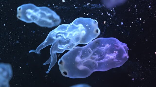 A group of translucent blue and purple amebas floating in water, showcasing their unique shapes and textures. Perfect for educational materials, science presentations, and biology lectures.