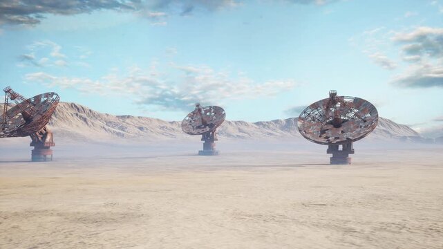 Desert panorama with rusted metal sculptures, three mechanical monuments on pedestals across dusty plain, distant mountain ridgeline under pale blue sky, low