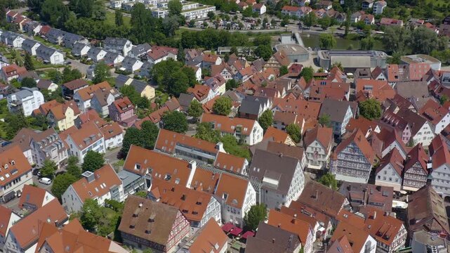 Aerial view of the old town above the city of Waiblingen in south Germany, on a sunny spring day.