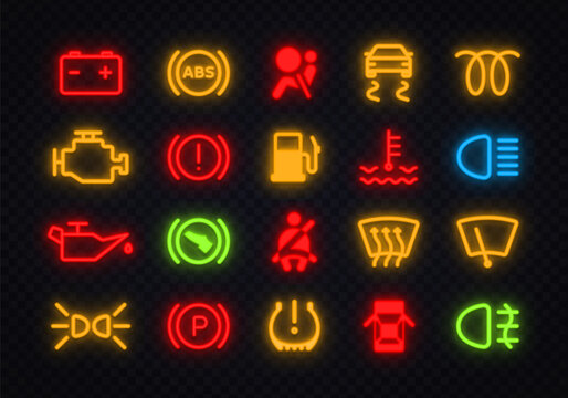 Neon car dashboard icon set with colorful warning symbols and glowing indicators. Bright automotive elements for battery, engine, lights and safety systems. Perfect for vehicle interface