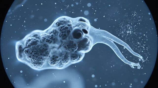 A microscopic view of an ameba with a long tail, floating in a dark blue liquid with white specks. Perfect for biology, education, and scientific materials.