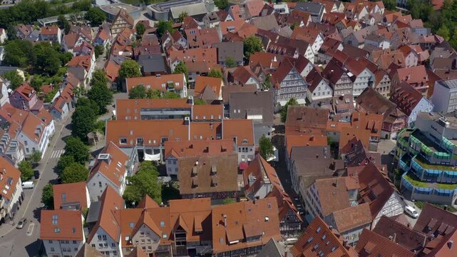 Aerial view of the old town above the city of Waiblingen in south Germany, on a sunny spring day.