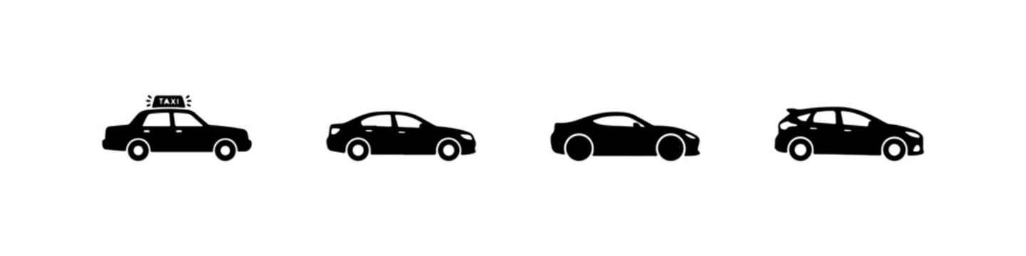 A set of four black silhouette car icons, featuring a taxi, a sedan, a sports car with a spoiler, and a compact hatchback.