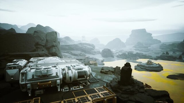 Futuristic outpost on rocky shoreline, glowing yellow river winds through misty canyon, modular habitats and industrial platforms illuminated by warm lights,